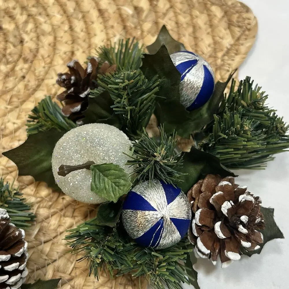 Vintage Set of 2 Blue & Silver Apple Pinecones Satin Ball Taper Candle Rings